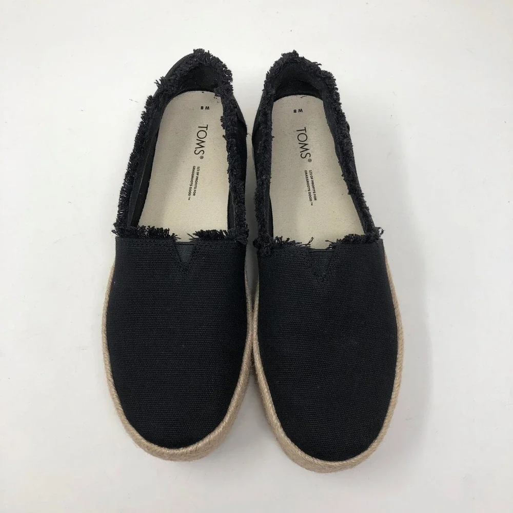 TOMS Valencia Platform Espadrille Womens Size 8 Black Frayed Canvas Shoes